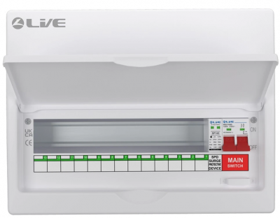 Liveelec Consumer Unit 16 Mod & SPD 20/40kA SPD & DP DPN Busbar (For RNC RCBO's) 13 Useable Ways