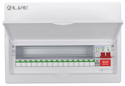 Liveelec Consumer Unit 18 Mod & SPD 20/40kA SPD & DP DPN Busbar (For RNC RCBO's) 15 Useable Ways