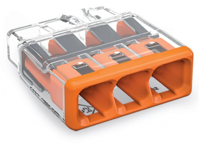 Wago PUSH WIRE&reg; splicing connector; for solid and stranded conductors; max. 4 mm&sup2; 3-conductor (32a rated)