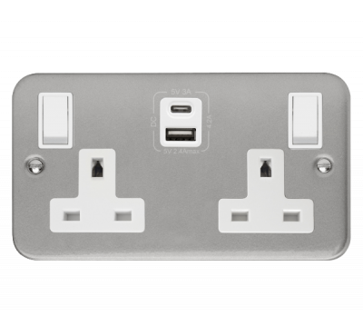Click Essentials 13A 2 Gang Switched Socket Outlet With Type A & C USB (4.2A) Outlets Outboard rocker Metal Clad