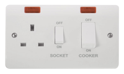 Click Mode 45A 2 Gang DP Switch With 13A DP Switched Socket Outlet, White Rockers & Neons