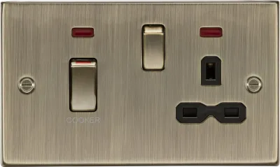 K/Bridge 45A DP Switch & 13A Socket with Neons - Antique Brass with Black Insert