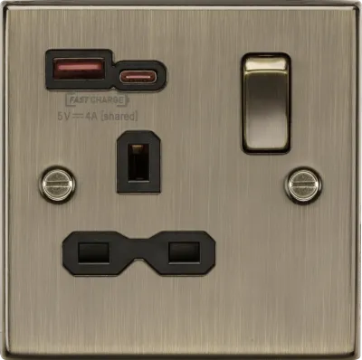 K/Bridge 13A 1G SP Switched Socket with Dual USB A+C 12V DC 1.5A [Max. 18W] - Antique Brass with Black Insert