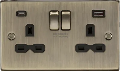 K/Bridge 13A 2G SP Switched Socket with Dual USB A+C (5V DC 4.0A shared) - Antique Brass with Black Insert