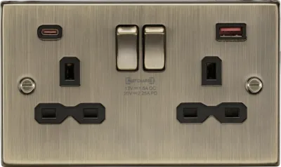 K/Bridge 13A 2G DP Switched Socket with Dual USB A+C 20V DC 2.25A (Max. 45W) - Antique Brass