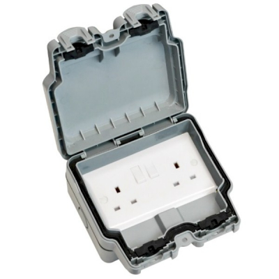Hamilton - Elemento Grey IP66 Lockable 2 gang 13A Switched Socket Outlet White/White