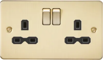 K/Bridge 13A 2G DP Switched Socket with Twin Earths - Brushed Brass with Black Insert