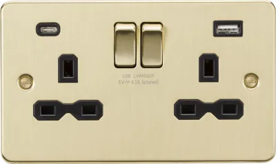K/Bridge 13A 2G SP Switched Socket with Dual USB A+C (5V DC 4.0A shared) - Brushed Brass with black Insert