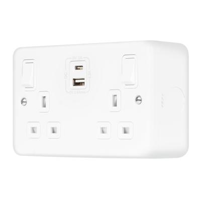 Click MetalClad Pro 13A 2 Gang Switched Socket Outlet With Type A & C USB (4.2A) Outlets Polar White