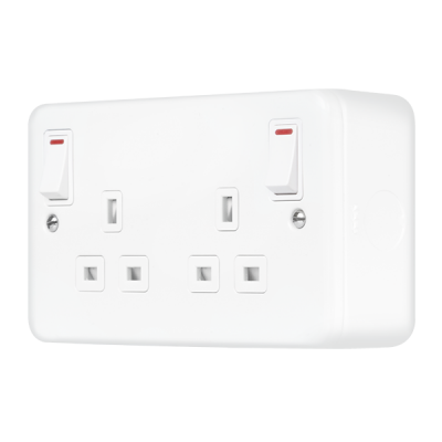 Click MetalClad Pro 13A 2 Gang Double Pole Switched Socket Outlet With Outboard Rockers & LEDs Polar White