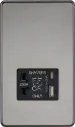 K/Bridge 230V Shaver Socket with Dual USB A+C [5V DC 2.4A shared] - Black Nickel with Black Insert