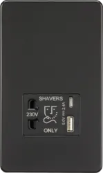 K/Bridge 230V Shaver Socket with Dual USB A+C [5V DC 2.4A shared] - Matt Black with Black Insert