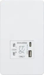 K/Bridge 230V Shaver Socket with Dual USB A+C [5V DC 2.4A shared] - Matt White with White Insert