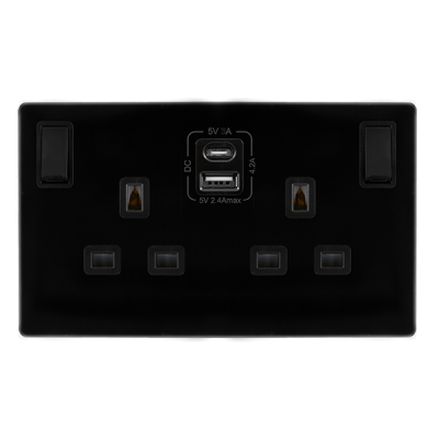 Click Definity 13A 2 Gang Switched Socket Outlet With Type A & C USB (4.2A) Outlets | Metal | Matt Black plate | Black insert