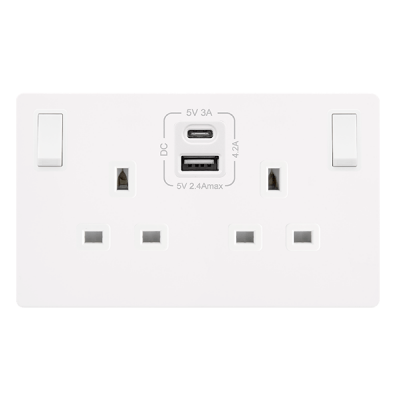 Click Definity 13A 2 Gang Switched Socket Outlet With Type A & C USB (4.2A) Outlets | Metal | White plate | White insert