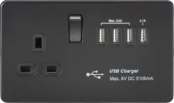 K/Bridge 13A Switched Socket with Quad USB-A (5V DC 5.1A shared) - Matt Black with Black Insert