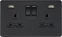 K/Bridge 13A 2G SP Switched Socket with Dual USB A+A (5V DC 2.4A shared) - Matt Black with Black Insert