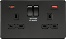 K/Bridge 13A 2G DP Switched Socket with Dual USB A+C 12V DC 1.5A [Max. 18W] - Matt Black with Black Insert