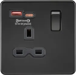 K/Bridge 13A 1G SP Switched Socket with Dual USB A+C 12V DC 1.5A [Max. 18W] - Matt Black with Black Insert