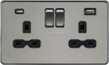 K/Bridge 13A 2G SP Switched Socket with Dual USB A+C (5V DC 4.0A shared) - Black Nickel with Black Insert