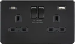 K/Bridge 13A 2G SP Switched Socket with Dual USB A+C (5V DC 4.0A shared) - Matt Black with Black Insert