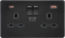 K/Bridge 13A 2G DP Switched Socket with Dual USB A+C 20V DC 2.25A (Max. 45W) - Matt Black with Black Insert
