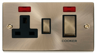 Click Deco 45A 2 Gang DP Switch With 13A DP Switched Socket Outlet & Neons Antique Brass