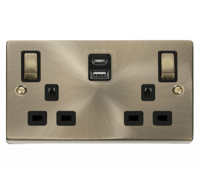 Click Deco 13A 2 Gang Outboard rocker Switched Socket Outlet With Type A & C USB (4.2A) Outlets Antique Brass