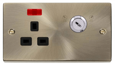 Click Deco 13A 1 Gang DP Key Lockable Switched Socket With Neon (Double Plate) Antique Brass