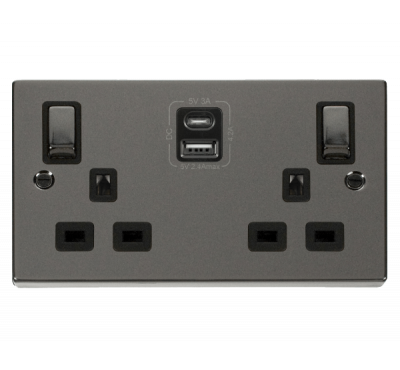 Click Deco 13A 2 Gang Switched Socket Outlet With Type A & C USB (4.2A) Outlets Black Nickel