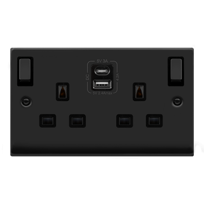 Click Deco 13A 2 Gang Outboard rocker Switched Socket Outlet With Type A & C USB (4.2A) Outlets Matt Black
