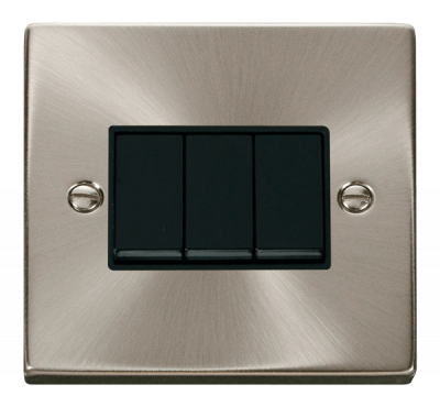 Click Deco 10AX 3 Gang 2 Way Plate Switch Satin Chrome/Black Insert