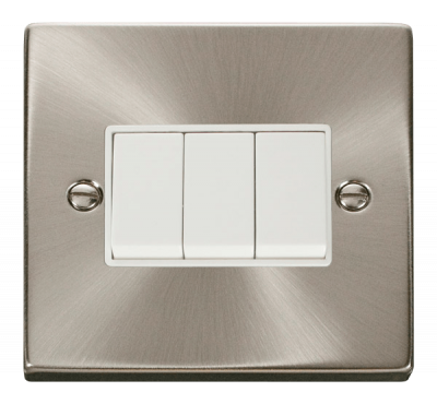 Click Deco 10AX 3 Gang 2 Way Plate Switch Satin Chrome/White Insert