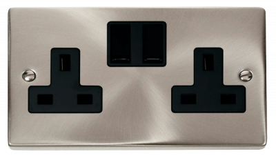 Click Deco 13A 2 Gang DP Switched Socket Outlet Satin Chrome/Black Insert