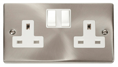 Click Deco 13A 2 Gang DP Switched Socket Outlet Satin Chrome/White Insert