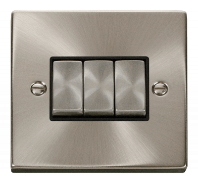 Click Deco 10AX 3 Gang 2 Way Plate Switch Satin Chrome/Black Insert