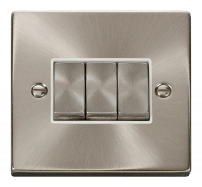 Click Deco 10AX 3 Gang 2 Way Plate Switch Satin Chrome/White Insert