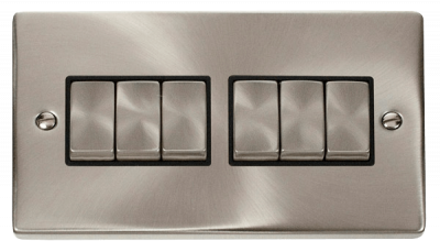 Click Deco 10AX 6 Gang 2 Way Plate Switch Satin Chrome/Black Insert