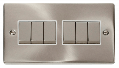 Click Deco 10AX 6 Gang 2 Way Plate Switch Satin Chrome/White Insert