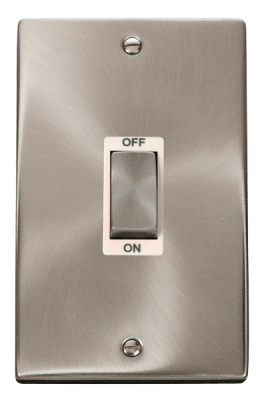 Click Deco 45A 2 Gang (Vertical) DP Plate Switch Satin Chrome/White Insert