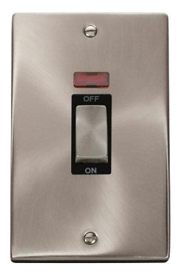 Click Deco 50A 2 Gang (Vertica) DP Plate Switch With Neon Satin Chrome/Black Insert
