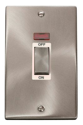 Click Deco 50A 2 Gang (Vertica) DP Plate Switch With Neon Satin Chrome/White Insert