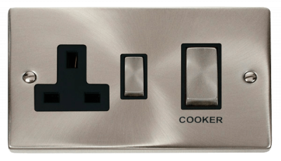 Click Deco 45A 2 Gang DP Switch With 13A DP Switched Socket Outlet Satin Chrome/Black Insert