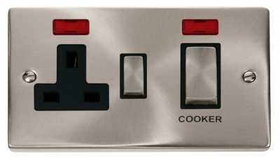 Click Deco 45A 2 Gang DP Switch With 13A DP Switched Socket Outlet & Neons Satin Chrome/Black Insert