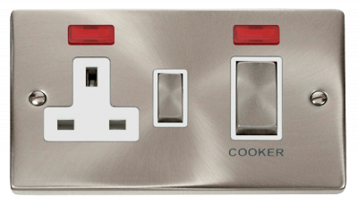 Click Deco 45A 2 Gang DP Switch With 13A DP Switched Socket Outlet & Neons Satin Chrome/White Insert
