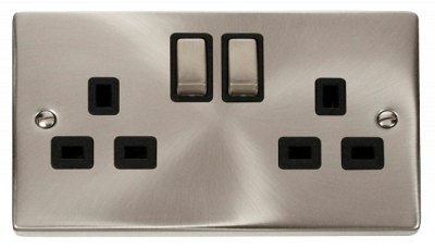 Click Deco 13A 2 Gang DP Switched Socket Outlet Satin Chrome/Black Insert