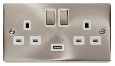 Click Deco 13A 2 Gang Switched Socket Outlet With Single 2.1A USB Outlet Satin Chrome/White Insert