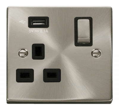 Click Deco 13A 1 Gang Switched Socket Outlet With Single 2.1A USB Outlet Satin Chrome/Black Insert