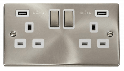 Click Deco 13A 2 Gang Switched Socket Outlet With Twin USB (Total 4.2A) Outlets Satin Chrome/White Insert