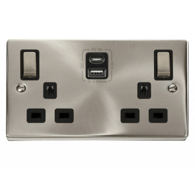 Click Deco 13A 2 Gang Switched Socket Outlet With Type A & C USB (4.2A) Outlets Satin Chrome/Black Insert